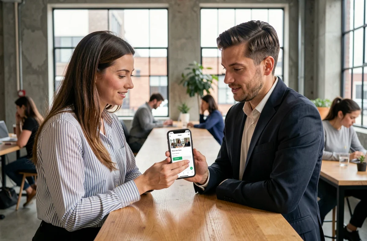 Deux collègues comparant des offres d'abonnement magazine en ligne sur smartphone dans un espace de coworking