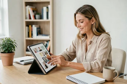 Femme consultant un abonnement magazine en ligne sur tablette dans un bureau à domicile moderne