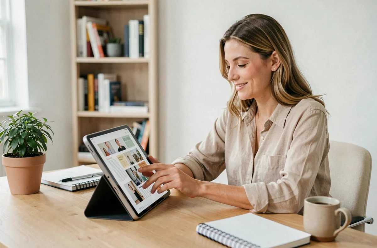 Femme consultant un abonnement magazine en ligne sur tablette dans un bureau à domicile moderne