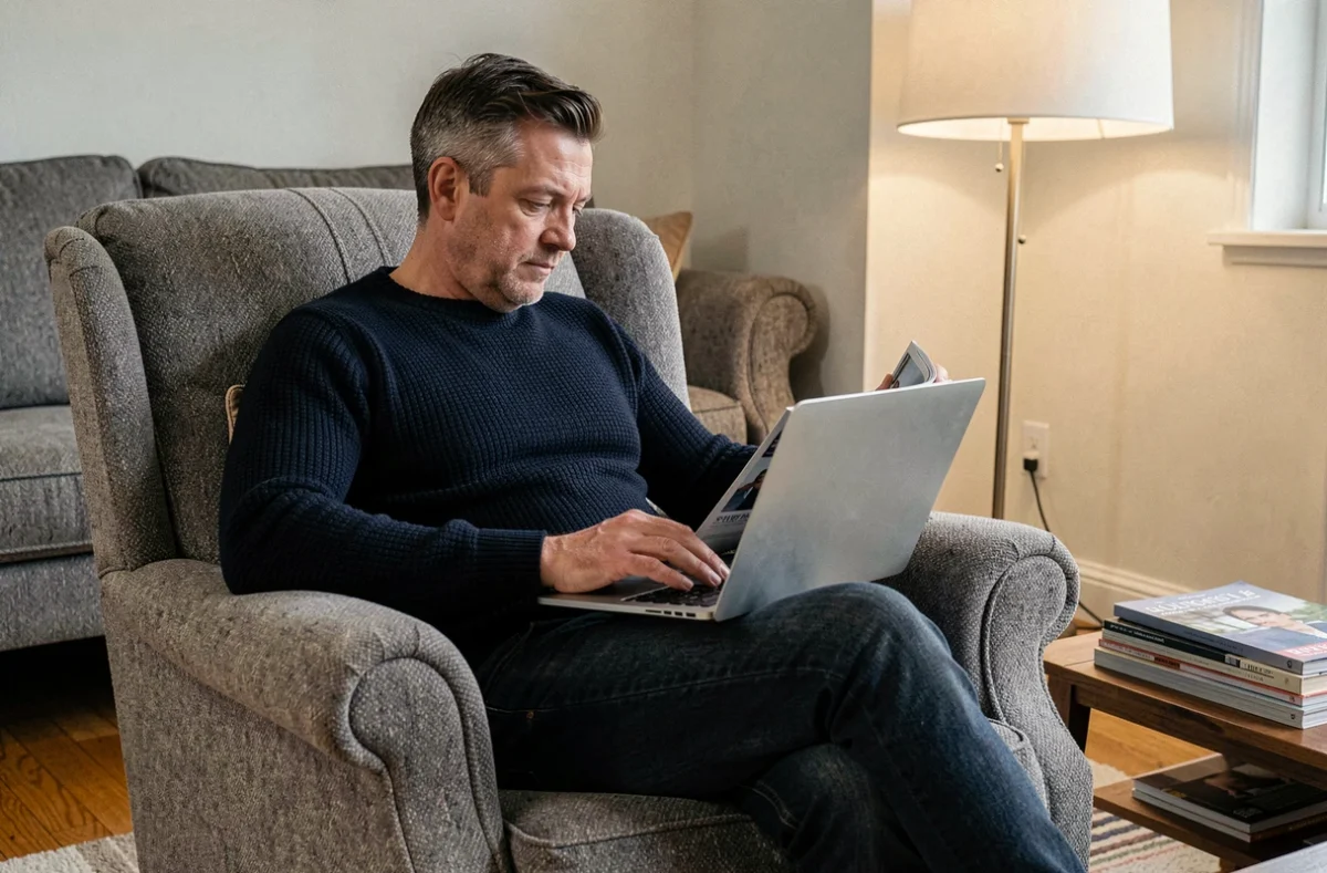 Homme lisant un magazine numérique en abonnement sur ordinateur portable dans un salon confortable