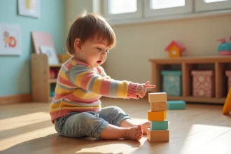 Petite fille de 3 ans qui empile des blocs en bois dans un atelier d'éveil du langage à Paris