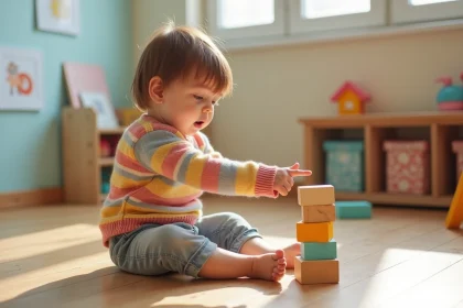 Petite fille de 3 ans qui empile des blocs en bois dans un atelier d'éveil du langage à Paris