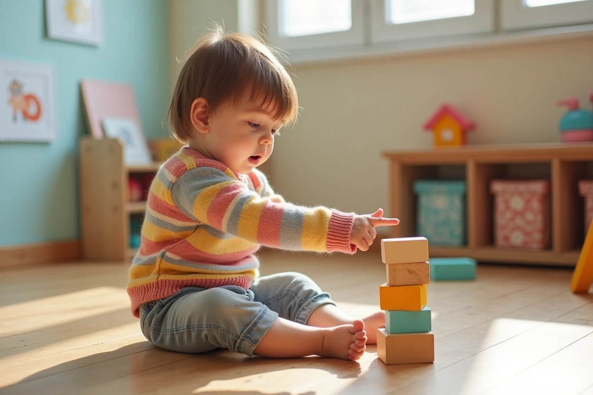 Petite fille de 3 ans qui empile des blocs en bois dans un atelier d'éveil du langage à Paris
