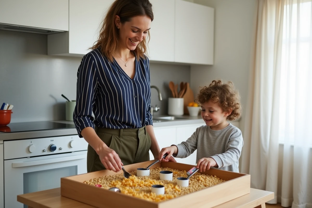 Mère et enfant de 4 ans créant un bac sensoriel avec des objets du quotidien dans une cuisine moderne
