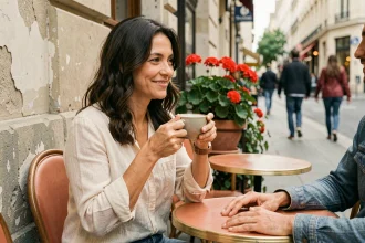 Actrice française souriante en terrasse de café parisien avec son compagnon, ambiance intime et authentique