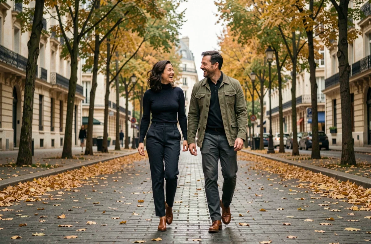 Couple se promenant sur un boulevard parisien en automne, feuilles dorées au sol, atmosphère décontractée et complice