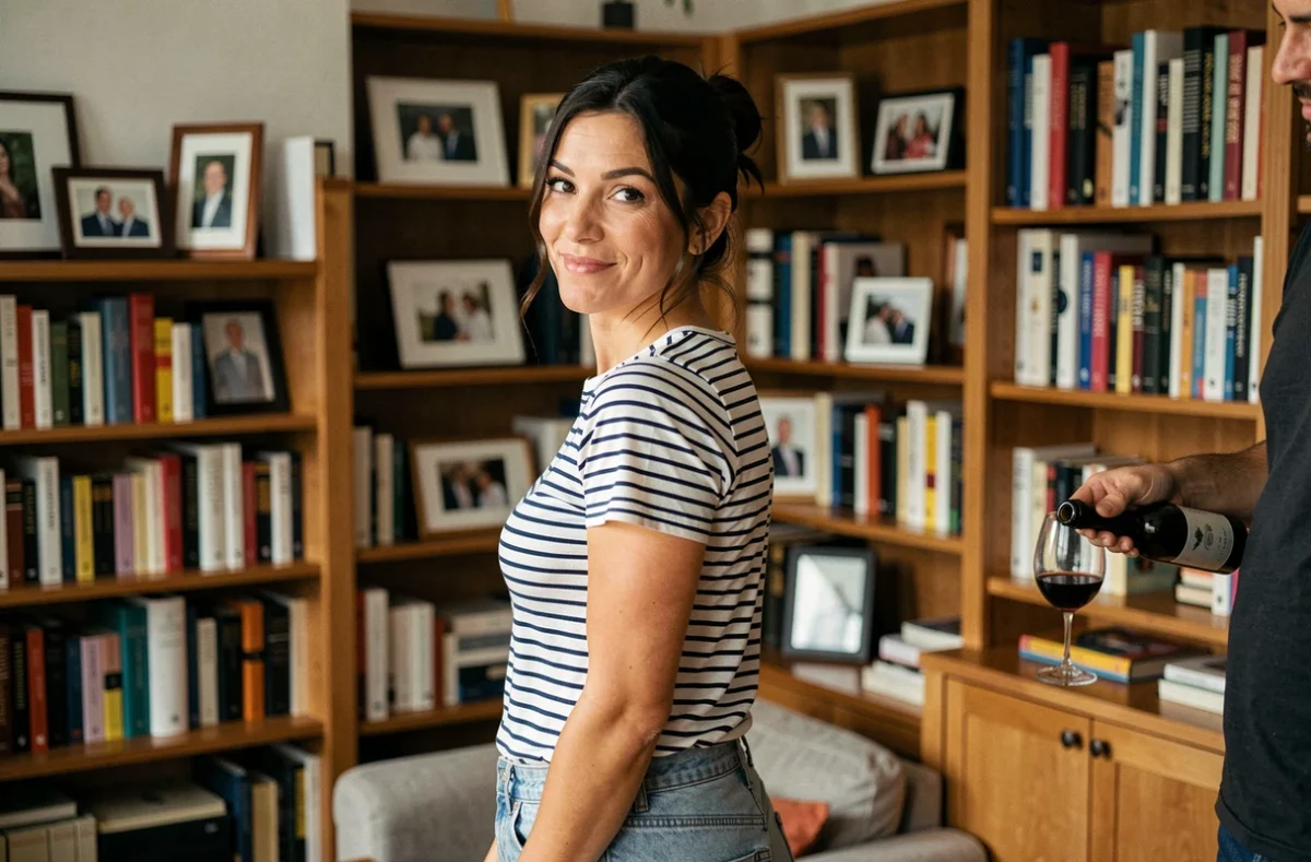 Actrice française dans son appartement parisien au décor chaleureux et personnel, moment de vie privée partagée