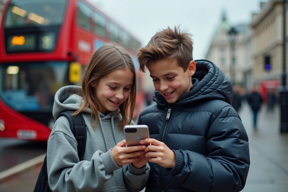 Deux adolescents français consultant un smartphone devant un bus rouge à impériale londonien pendant les vacances scolaires