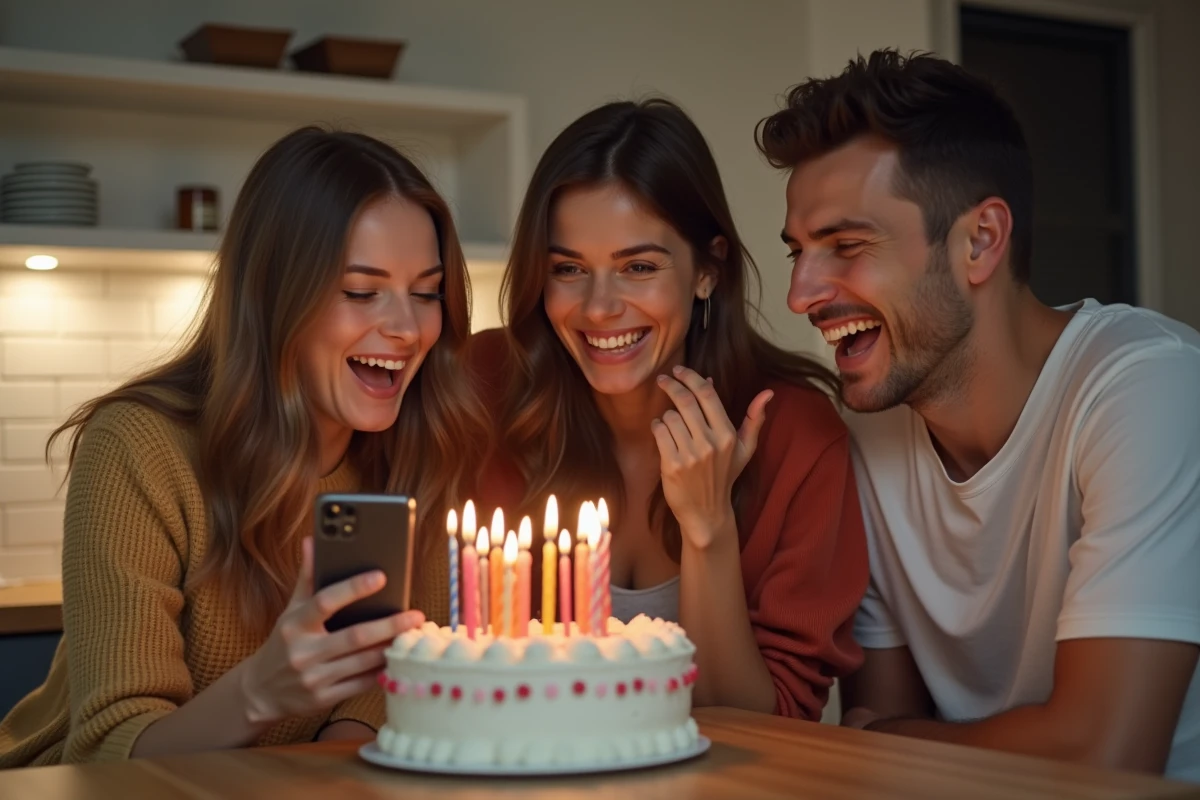 Groupe d'amis réagissant avec joie à une carte d'anniversaire animée sur un smartphone dans une cuisine festive