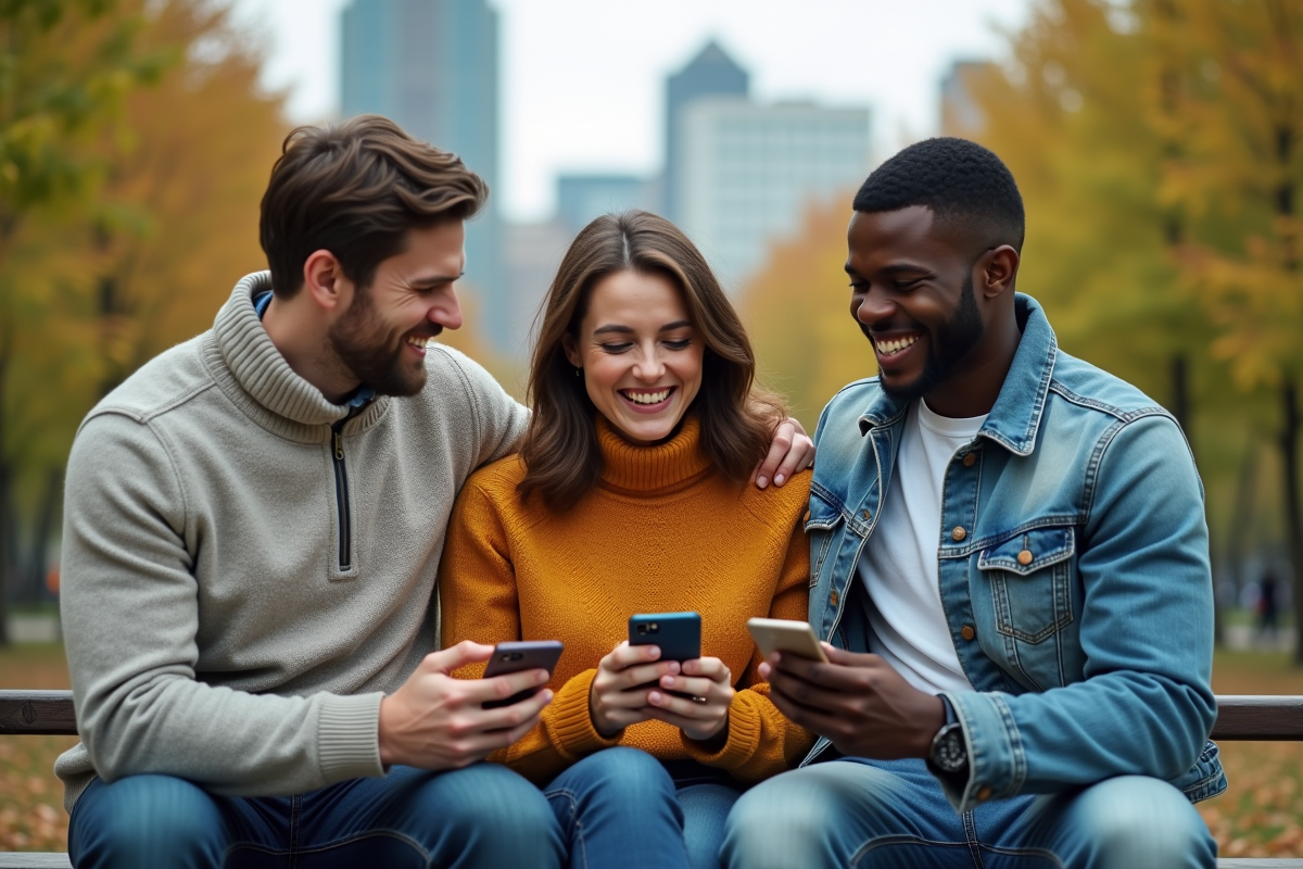 Groupe d amis riant et regardant leurs téléphones dans un parc urbain