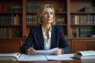 Femme économiste professionnelle assise à son bureau avec des documents économiques, évoquant le parcours académique et familial d'Anne-Sophie Alsif
