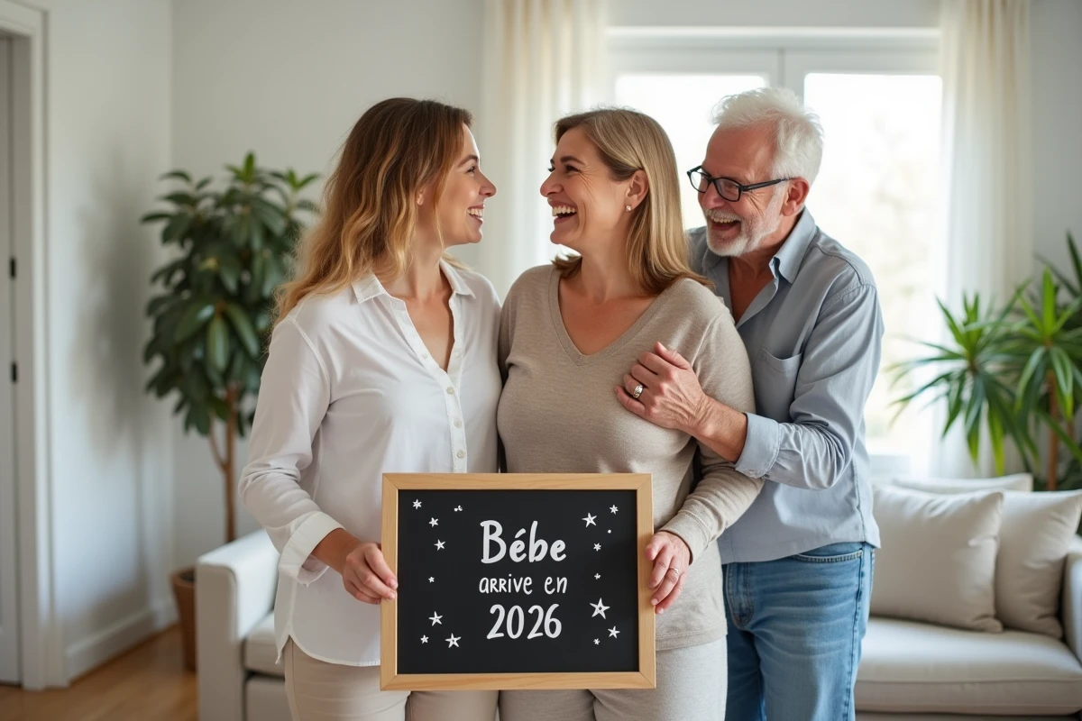 Couple tenant un tableau ardoise annonçant l'arrivée d'un bébé en 2026 face à des grands-parents surpris et émus dans un salon scandinave