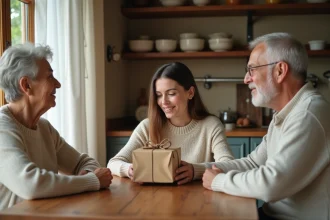 Jeune femme offrant un petit cadeau emballé à ses beaux-parents pour annoncer une grossesse autour d'une table en bois rustique