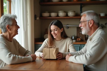 Jeune femme offrant un petit cadeau emballé à ses beaux-parents pour annoncer une grossesse autour d'une table en bois rustique