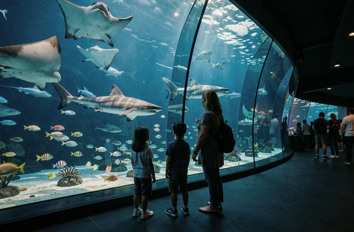 Une mère et ses deux enfants admirant les requins et raies dans le grand bassin de l'Aquarium de La Rochelle