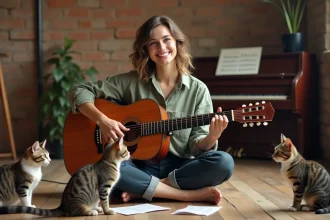 Jeune femme jouant de la guitare acoustique entourée de chats dans un studio de musique chaleureux pour une chanson enfantine revisitée