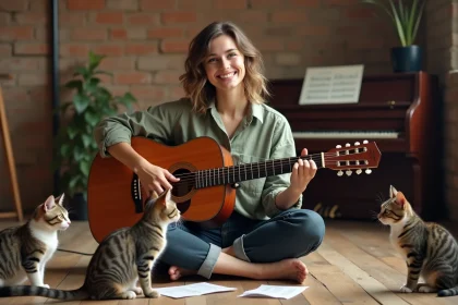 Jeune femme jouant de la guitare acoustique entourée de chats dans un studio de musique chaleureux pour une chanson enfantine revisitée