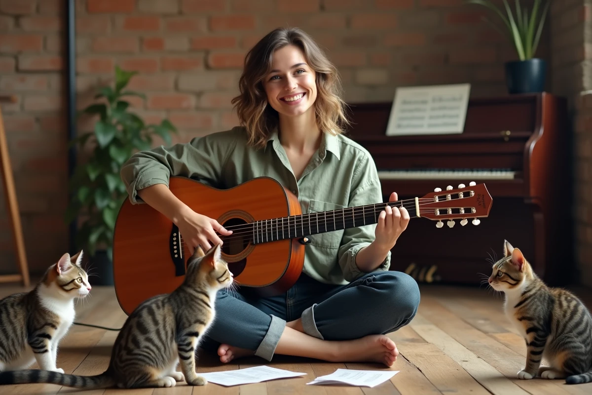 Jeune femme jouant de la guitare acoustique entourée de chats dans un studio de musique chaleureux pour une chanson enfantine revisitée