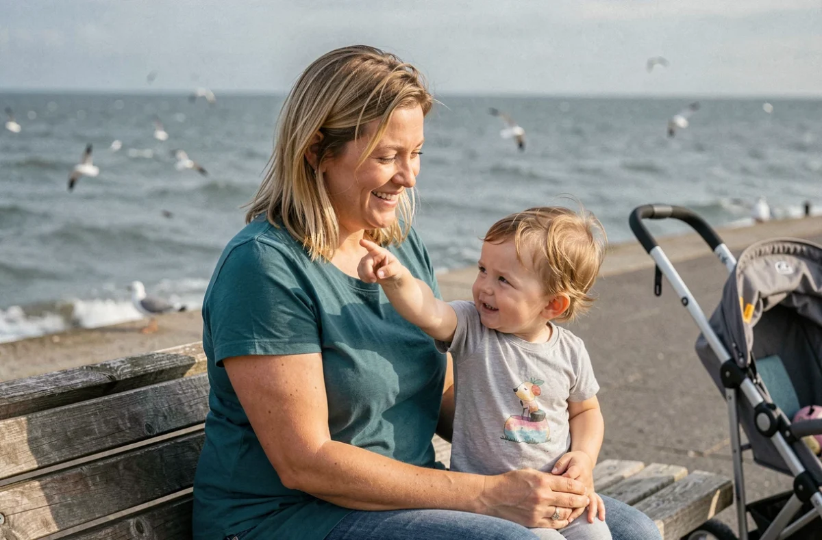 Assistante maternelle du Dunkerquois en promenade avec un enfant au bord de la mer du Nord