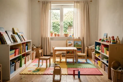 Espace d'accueil chaleureux d'une assistante maternelle dans le Nord avec jeux, livres et tapis colorés
