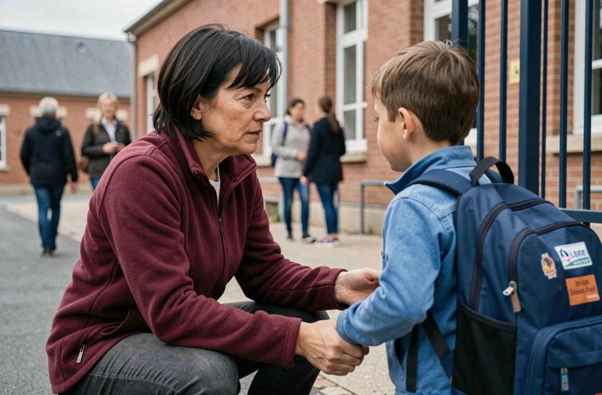 Assistante maternelle spécialisée en accueil périscolaire récupérant un enfant à la sortie d'école