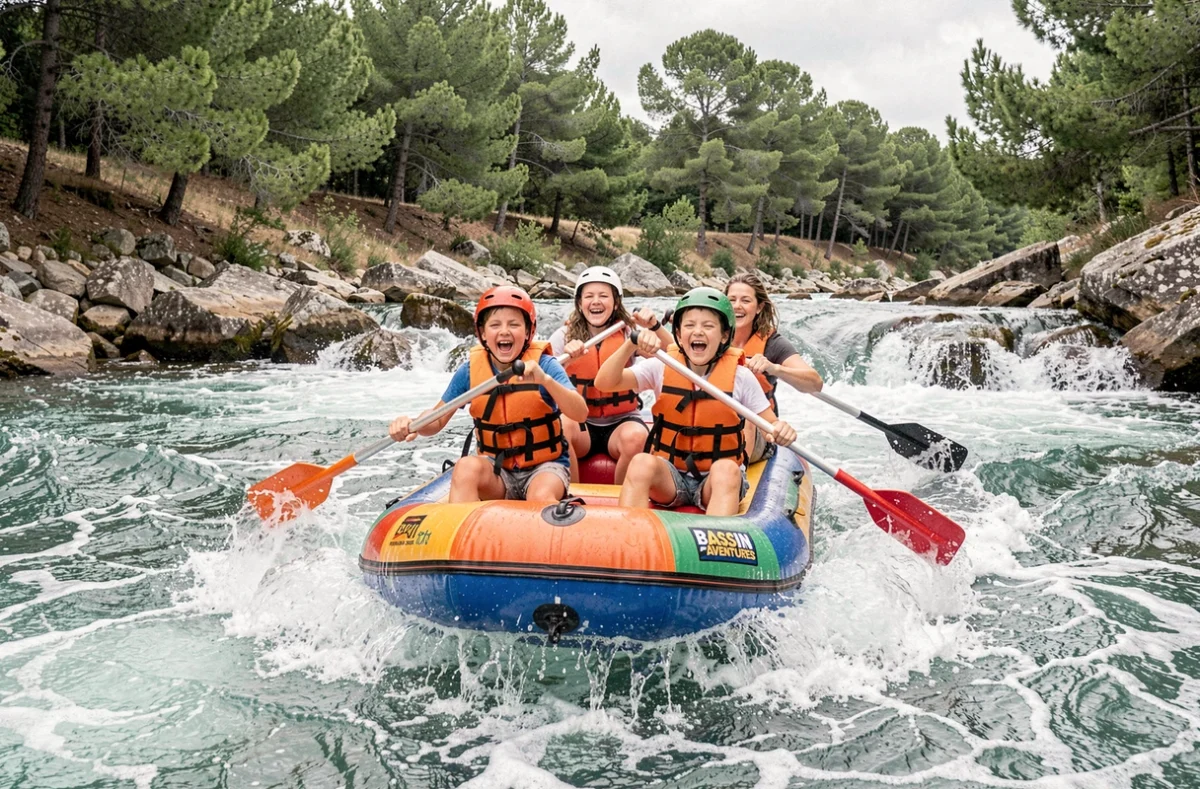 Une famille en raft naviguant sur les rapides lors d'une sortie Bassin Aventures en Nouvelle-Aquitaine