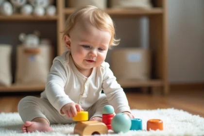 Bébé garçon de 7 mois joue avec des jouets colorés