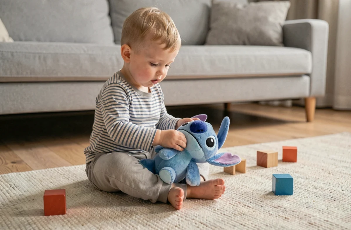 Tout-petit de 2 ans explorant une peluche Stitch sur un tapis de salon familial