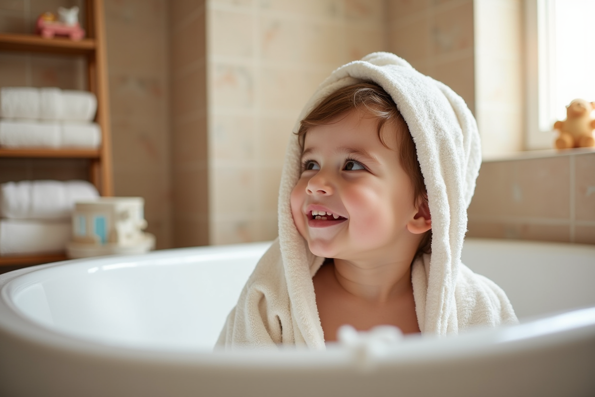 Bebe souriante dans une baignoire moderne en salle de bain