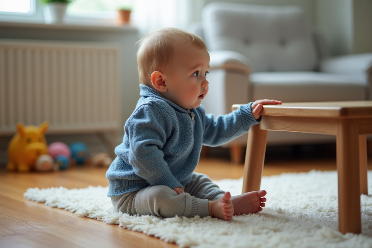 Bebe garçon en pull bleu assis sur le sol intérieur