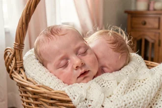 Bébé reborn fille très réaliste dans un berceau en osier avec couverture tricotée blanche