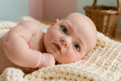 Gros plan d'un bébé reborn en silicone réaliste posé sur une couverture tricotée crème, mettant en valeur les détails de peau et les traits peints à la main
