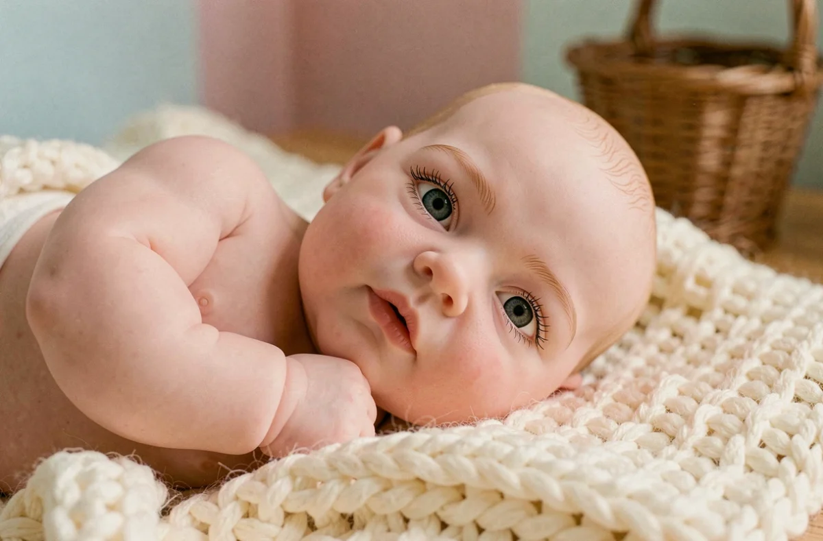 Gros plan d'un bébé reborn en silicone réaliste posé sur une couverture tricotée crème, mettant en valeur les détails de peau et les traits peints à la main