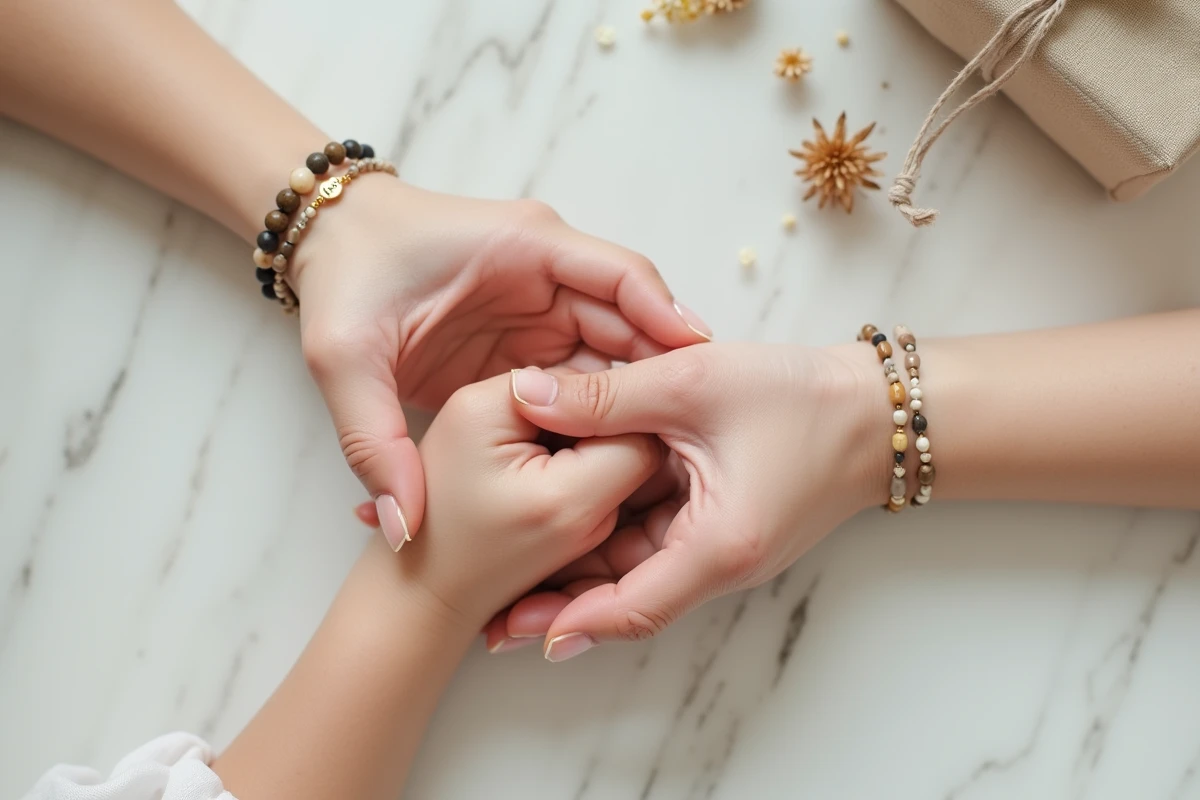 Gros plan de mains d'une maman et d'un nouveau-né avec un bracelet artisanal en pierres naturelles pour célébrer la naissance