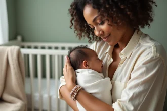 Maman portant un bracelet fait main pour naissance, tenant tendrement son nouveau-né dans une chambre de bébé cosy