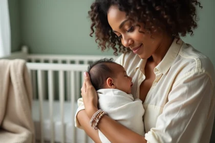 Maman portant un bracelet fait main pour naissance, tenant tendrement son nouveau-né dans une chambre de bébé cosy