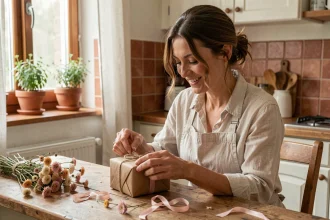 Femme souriante qui déballe un cadeau fait main pour la fête des mères, posé sur une table en bois rustique avec des fleurs séchées