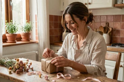Femme souriante qui déballe un cadeau fait main pour la fête des mères, posé sur une table en bois rustique avec des fleurs séchées