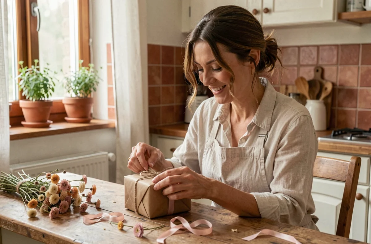 Femme souriante qui déballe un cadeau fait main pour la fête des mères, posé sur une table en bois rustique avec des fleurs séchées