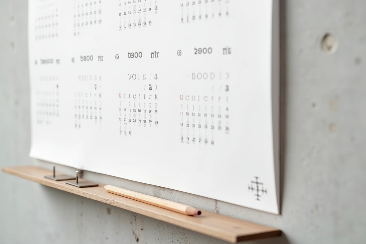 Calendrier mural 2026 semaine paire impaire minimaliste affiché sur mur en béton avec règle en bois