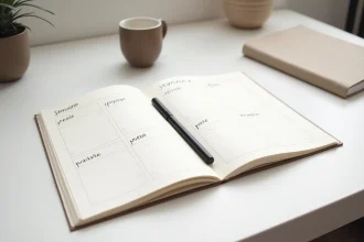 Calendrier semaine paire impaire ouvert sur un bureau minimaliste avec stylo et café, vue de dessus