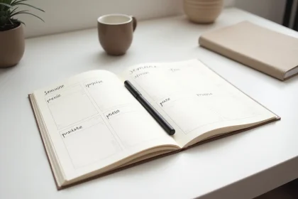 Calendrier semaine paire impaire ouvert sur un bureau minimaliste avec stylo et café, vue de dessus