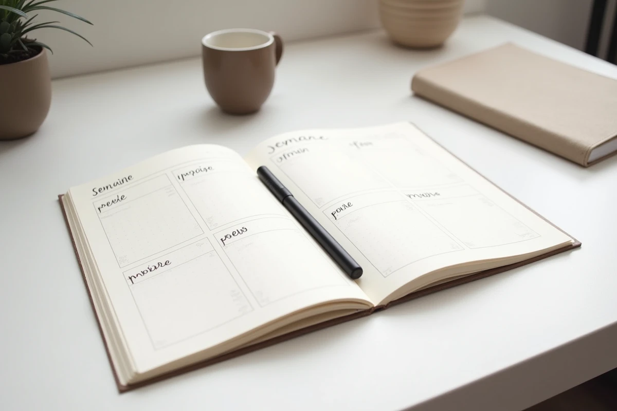 Calendrier semaine paire impaire ouvert sur un bureau minimaliste avec stylo et café, vue de dessus