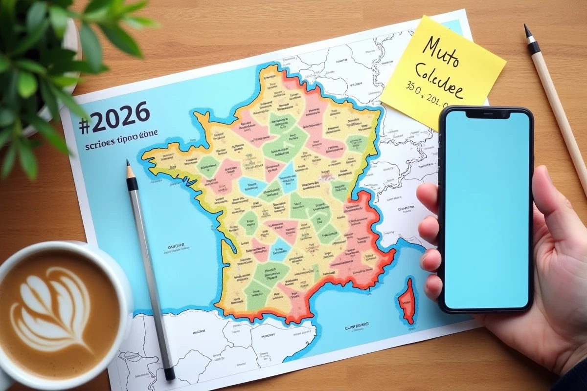Vue aérienne d'une carte des zones scolaires 2026 avec annotations et smartphone sur un bureau en bois