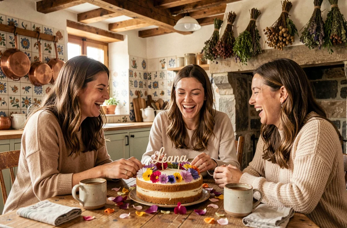 Femmes célébrant la fête de sainte Léana autour d'un gâteau fleuri dans une cuisine de campagne française