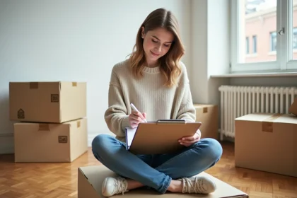 Jeune femme remplissant un formulaire de changement d'adresse CAF assise sur des cartons dans un appartement en cours de déménagement