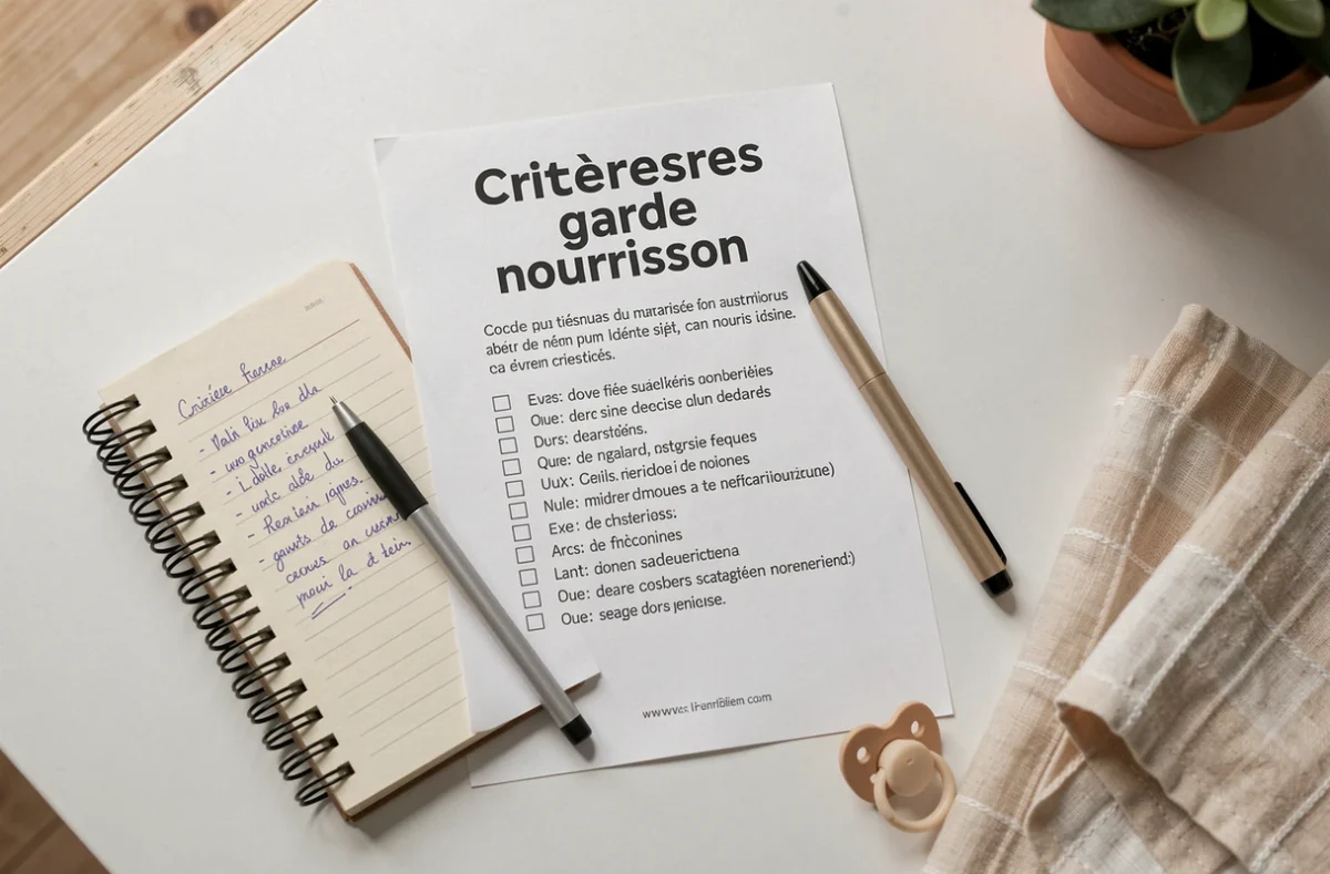 Liste de critères à vérifier pour choisir une nounou pour nourrisson posée sur un bureau avec notes manuscrites
