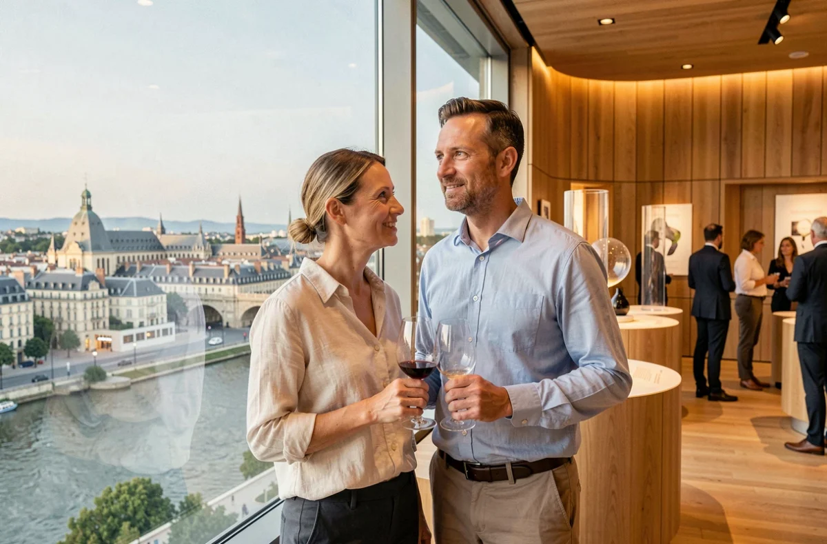 Un couple dégustant du vin face à la vue panoramique sur Bordeaux et la Garonne depuis La Cité du Vin