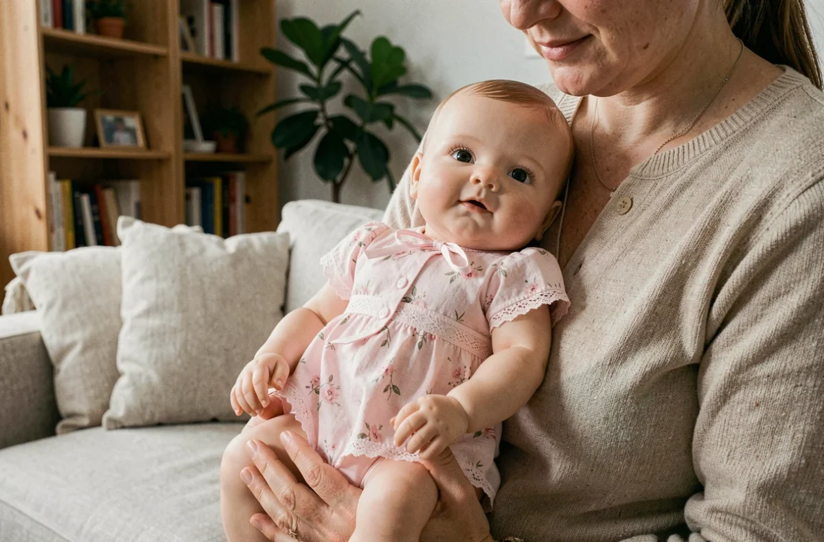 Collectionneuse tenant une poupée reborn fille habillée en tenue florale rose dans un salon cosy