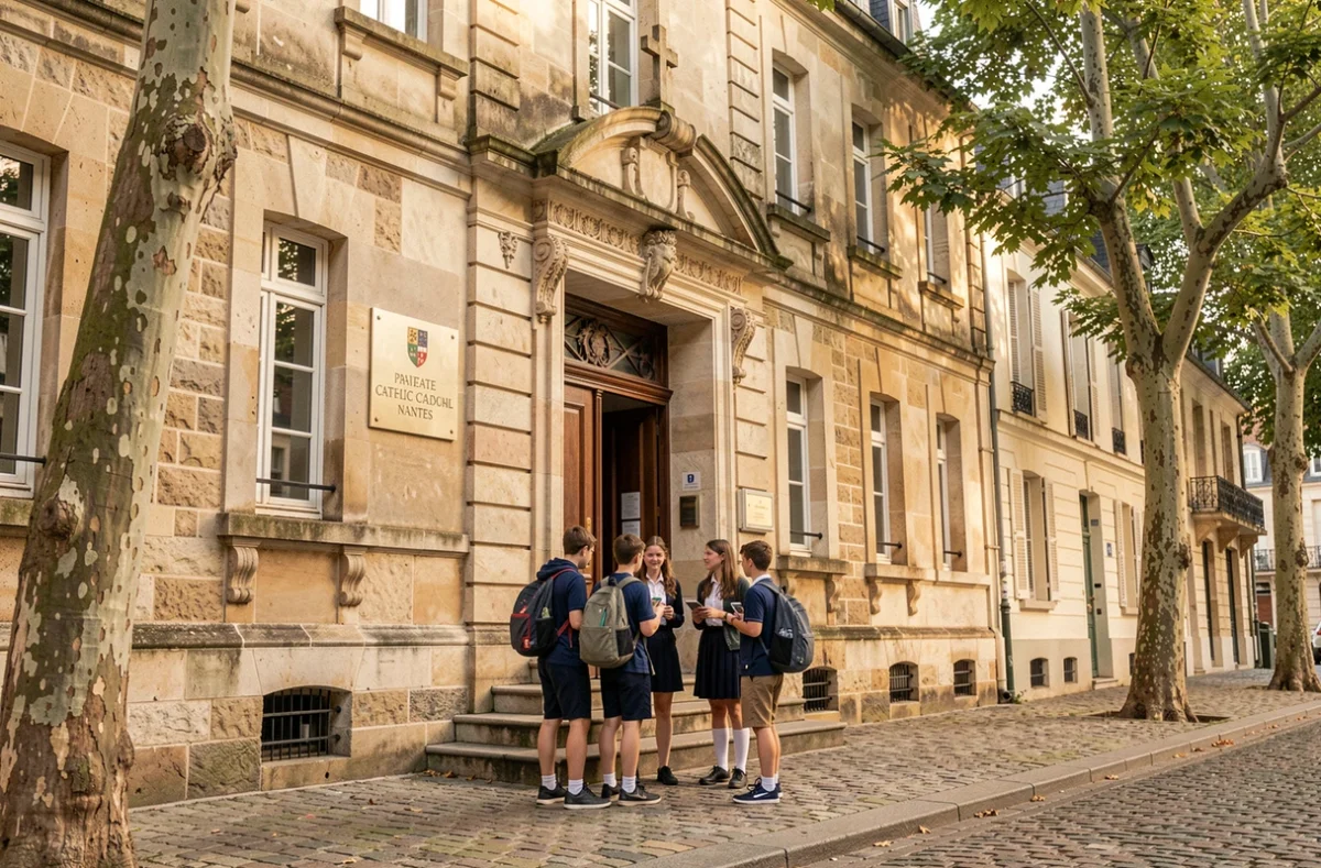 Façade du Collège Saint Joseph du Loquidy-La Salle à Nantes avec des élèves à l'entrée